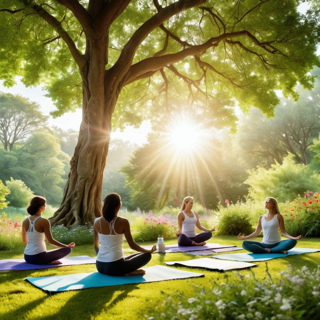 A serene scene depicting a diverse group of patients actively engaging in holistic therapies like yoga, nutrition planning, and meditation, surrounded by nature and vibrant greenery. Include symbolisms of healing such as sunlight filtering through trees and blooming flowers, representing growth and recovery. The atmosphere should evoke a sense of empowerment, balance, and wellness. super-realistic. vibrant colors. peaceful ambiance.